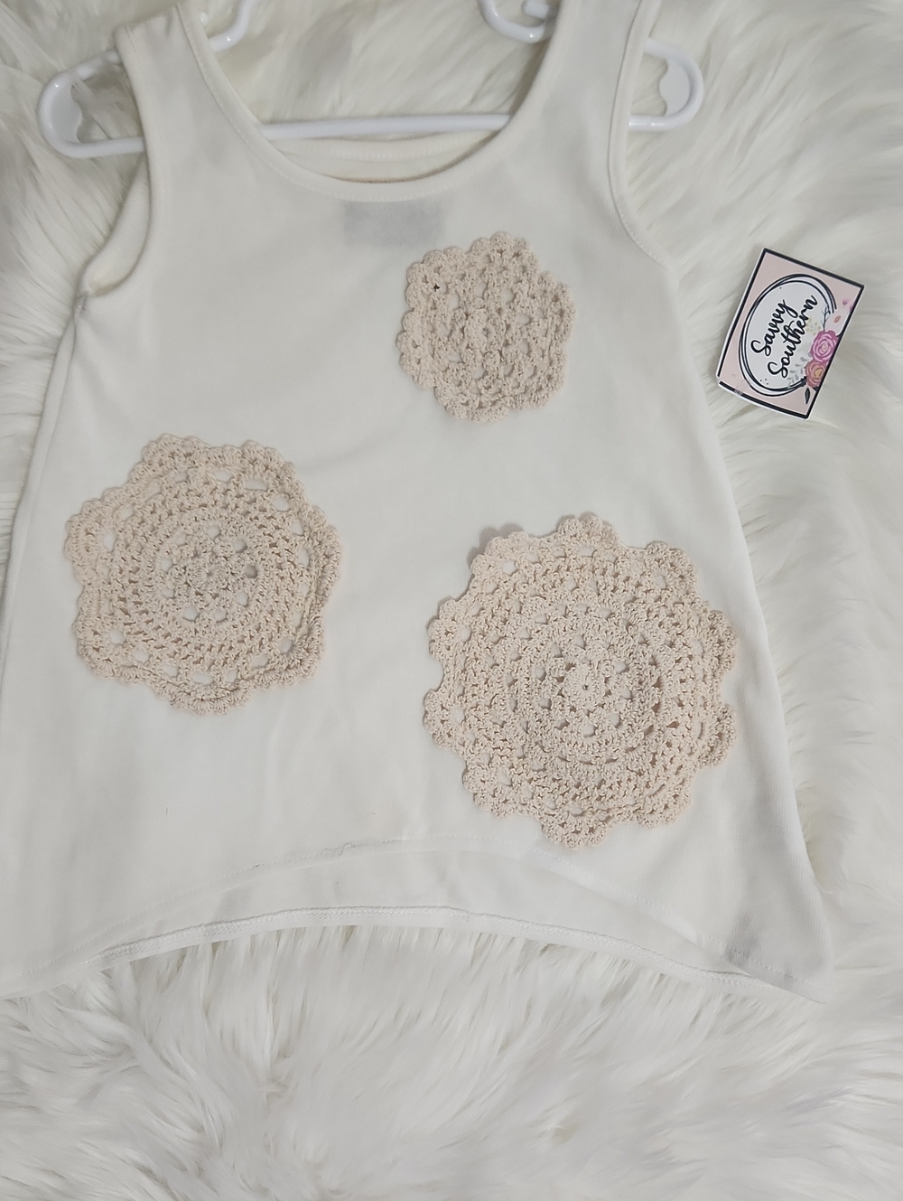 Off White Tank Top with Beige Crochet Doilies - Girls Size 4T - Brand: Sado